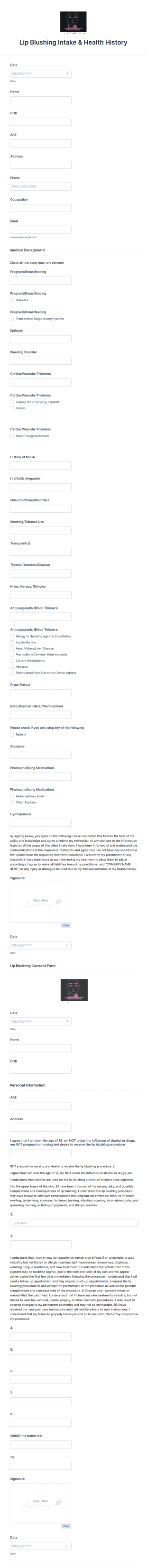 Lip Blushing Intake Form Template