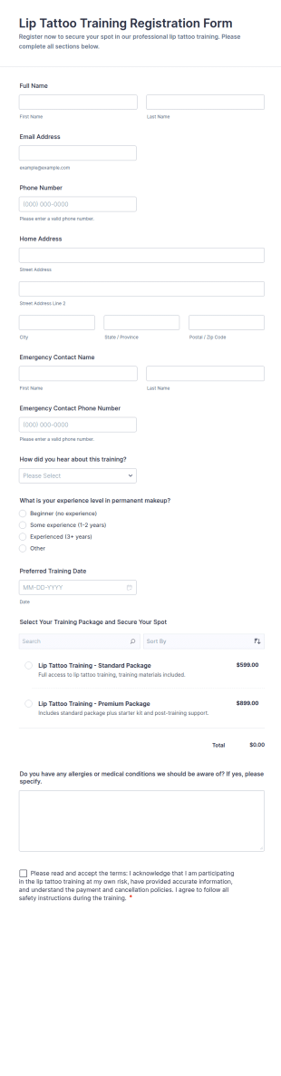 Lip Tattoo Training Registration Form Template