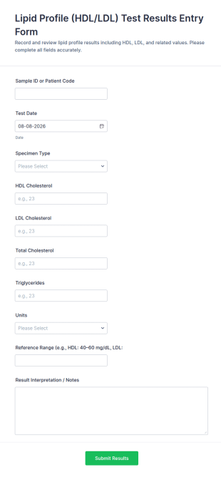 Lipid Profile (HDL/LDL) Test Results Entry Form Template