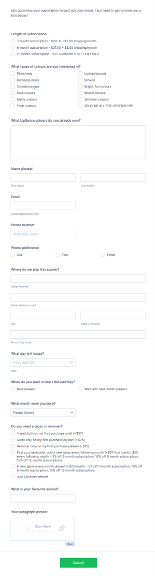 Lip Product Subscription Form Template