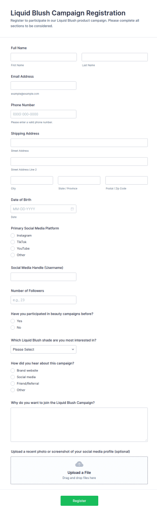 Liquid Blush Campaign Registration Form Template