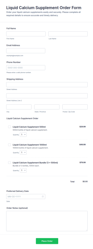 Liquid Calcium Supplement Order Form Template