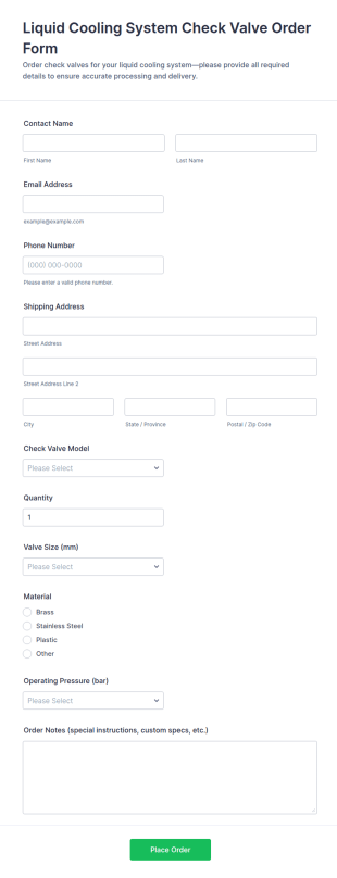 Liquid Cooling System Check Valve Order Form Template