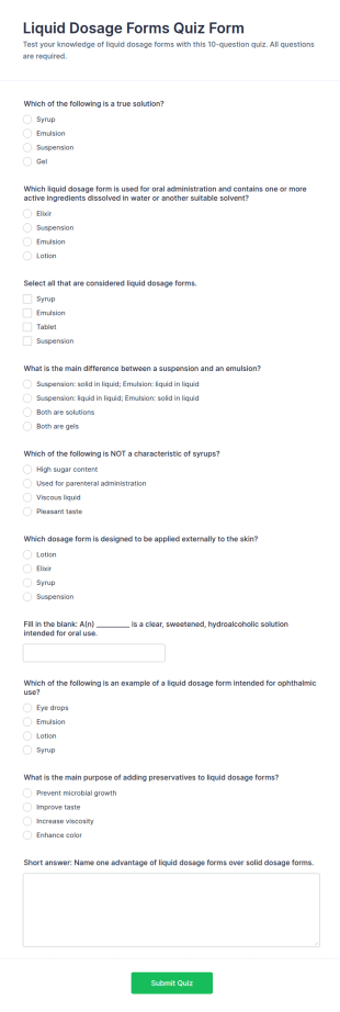 Liquid Dosage Forms Quiz Form Template