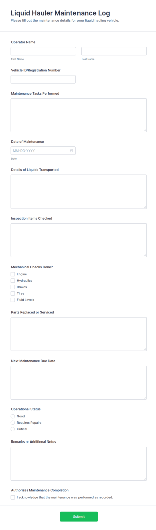 Liquid Hauler Maintenance Log Form Template