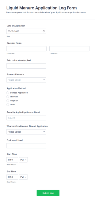 Liquid Manure Application Log Form Template