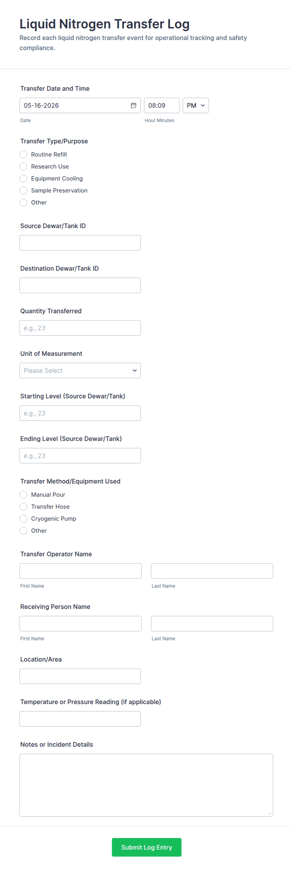 Liquid Nitrogen Transfer Log Form Template | Jotform