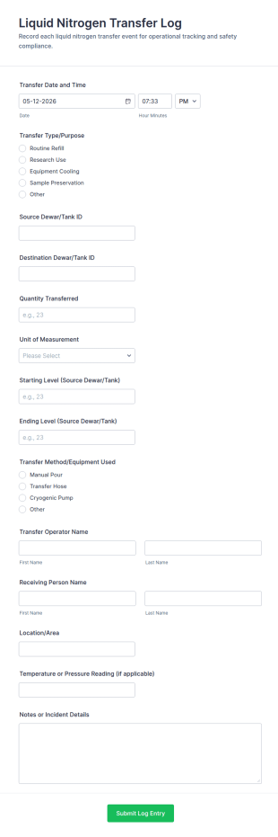 Liquid Nitrogen Transfer Log Form Template