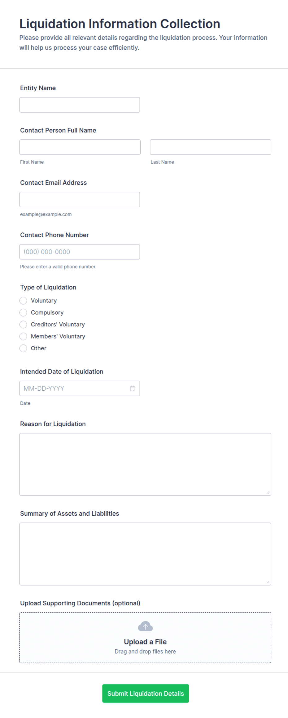 Liquidification Form Liquidation Information Collection Form Template | Jotform