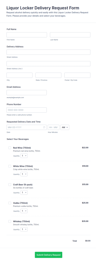 Liquor Locker Delivery Request Form Template