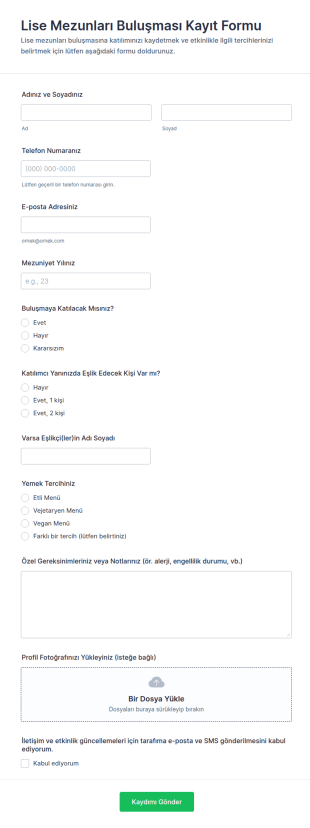 Lise Mezunlar Buluşması Kayıt Form Şablonu