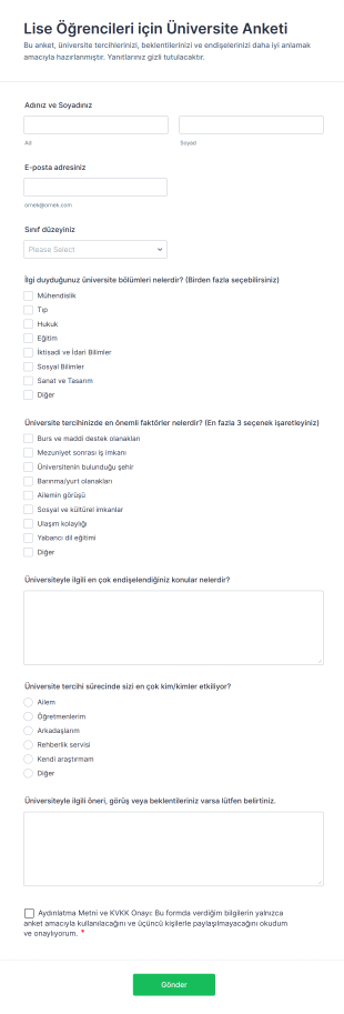 Lise Öğrencileri Için Üniversite Anketi Form Template