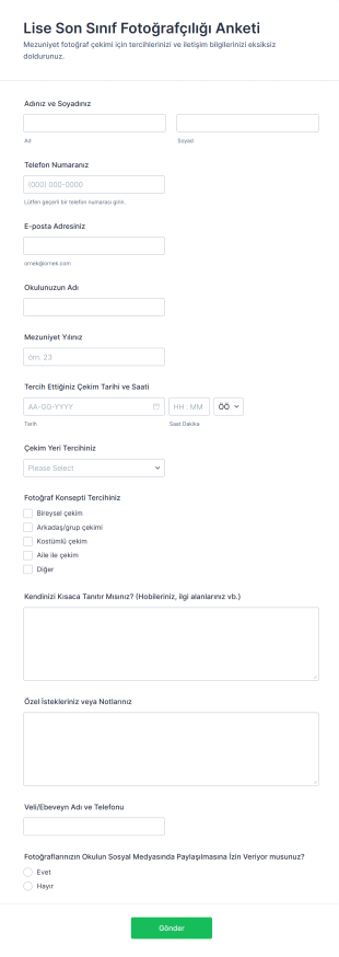 Lise Son Sınıf Fotoğrafçılığı Anketi Form Şablonu
