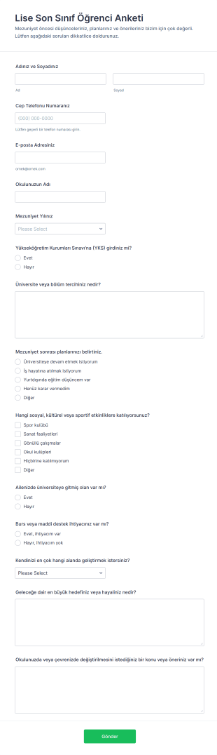 Lise Son Sınıf Öğrenci Anketi Form Şablonu