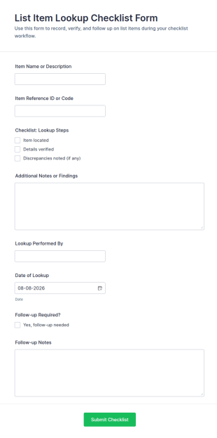 List Item Lookup Checklist Form Template