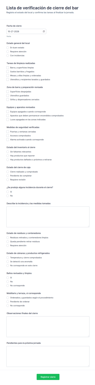 Lista De Cierre Del Bar