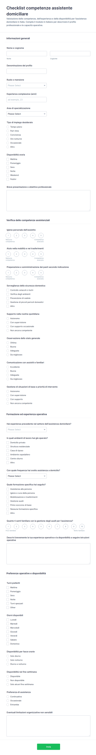 Lista Di Controllo Delle Competenze Dell'Assistente Sanitario Domestico Form