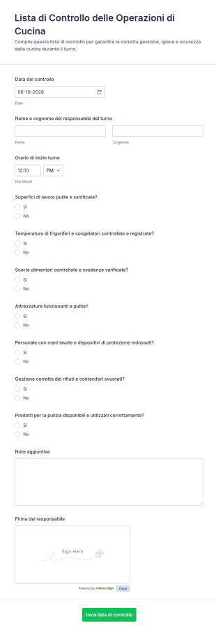 Lista Di Controllo Delle Operazioni Di Cucina
