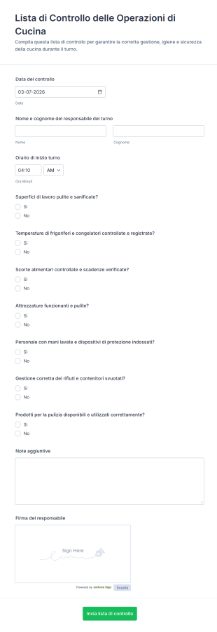 Lista Di Controllo Delle Operazioni Di Cucina