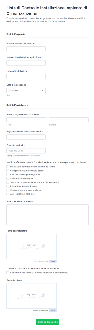 Lista Di Controllo Installazione Impianto Di Climatizzazione