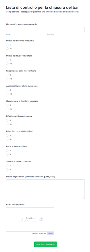 Lista Di Controllo Per Chiusura Del Barman