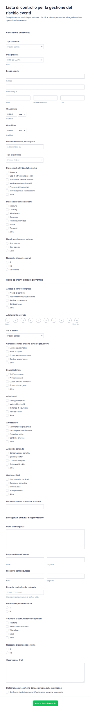 Lista Di Controllo Per Gestione Del Rischio Evento