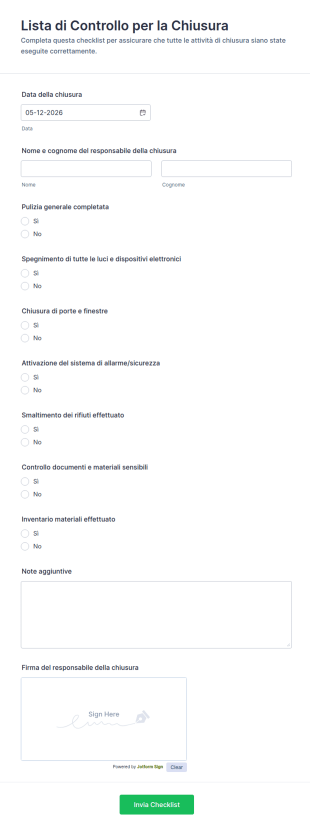 Lista Di Controllo Per La Chiusura