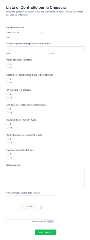 Lista Di Controllo Per La Chiusura