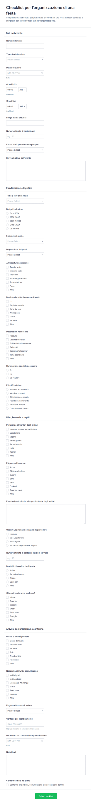Lista Di Controllo Per L'Organizzazione Di Feste