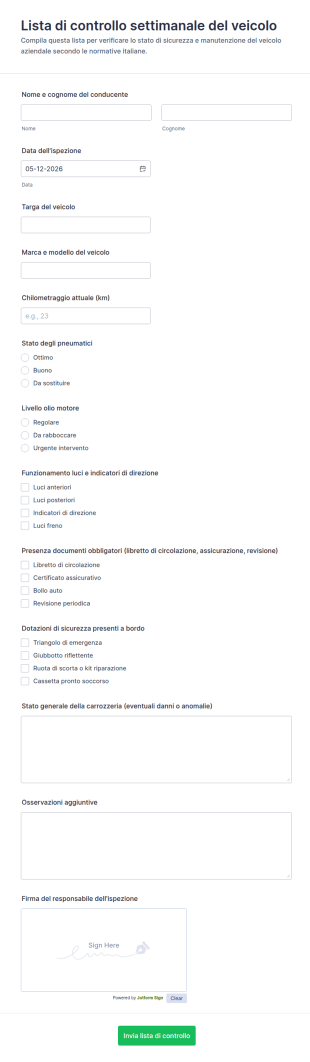 Lista Di Controllo Settimanale Del Veicolo