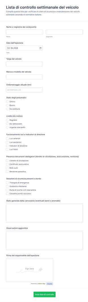 Lista Di Controllo Settimanale Del Veicolo