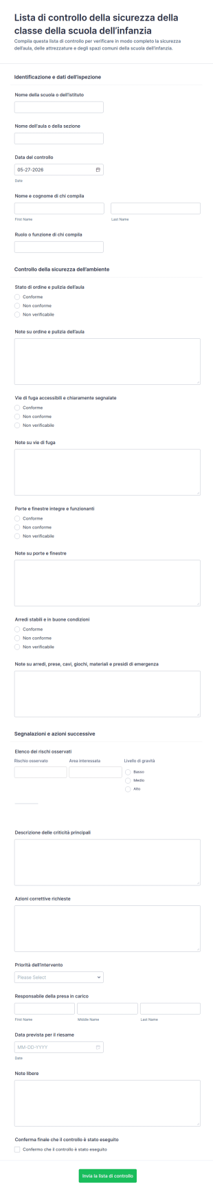 Lista Di Controllo Sulla Sicurezza In Classe Prenursery Form