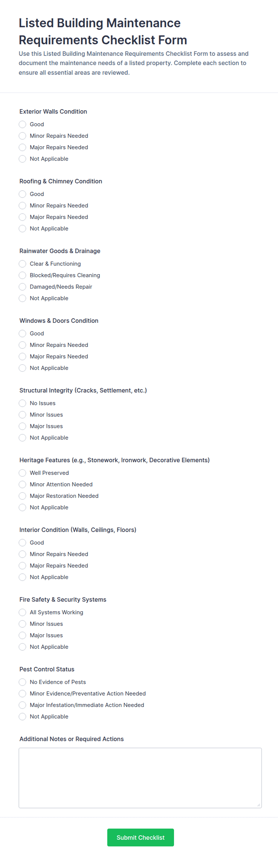 Listed Building Maintenance Requirements Checklist Form Template | Jotform