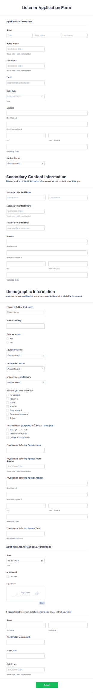 Listener Application Form Template