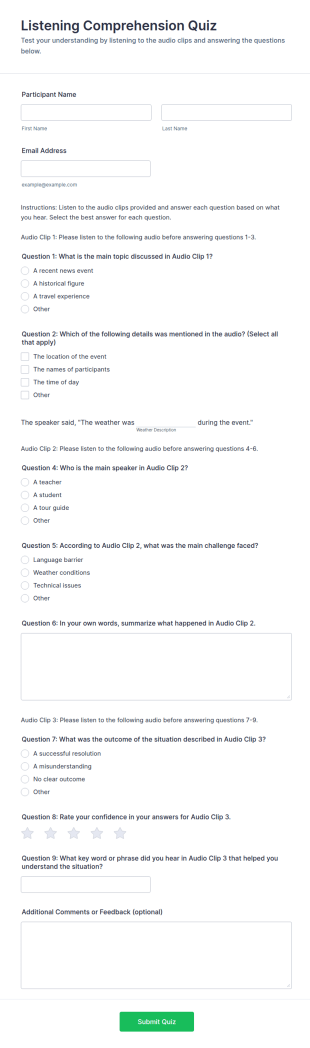 Listening Comprehension Quiz Form Template