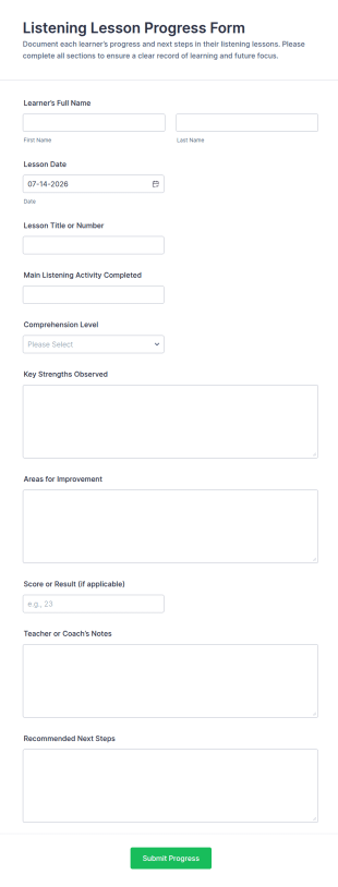 Listening Lesson Progress Form Template
