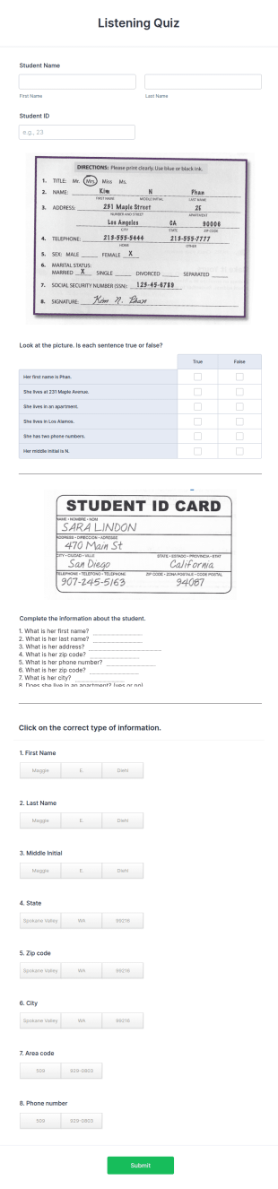Listening Quiz Form Template