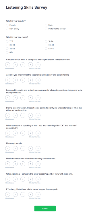Listening Skills Survey Form Template