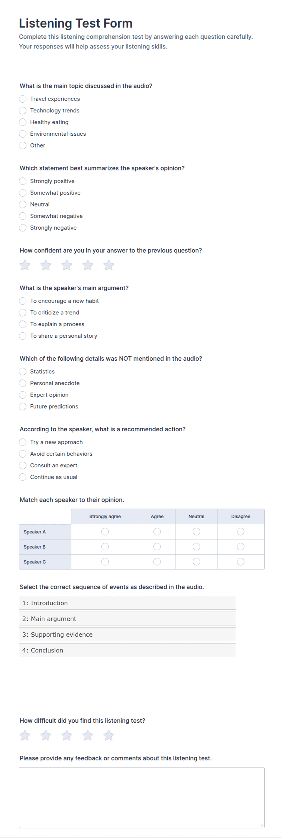 Listening Test Form Template | Jotform