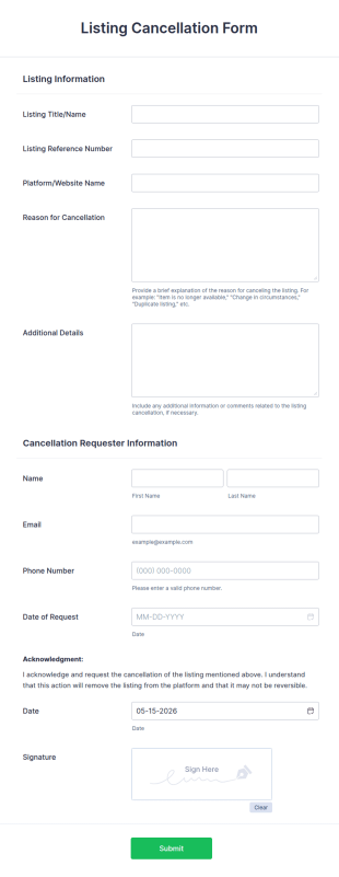 Listing Cancellation Form Template