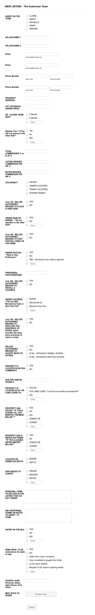 New LISTING INFO Sheet The Ackerman Team (North&Co) Form Template