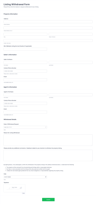Listing Withdrawal Form Template