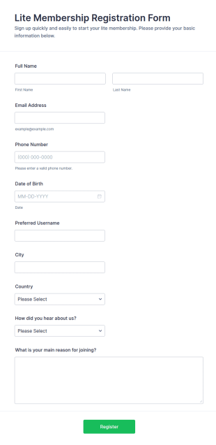 Lite Membership Registration Form Template
