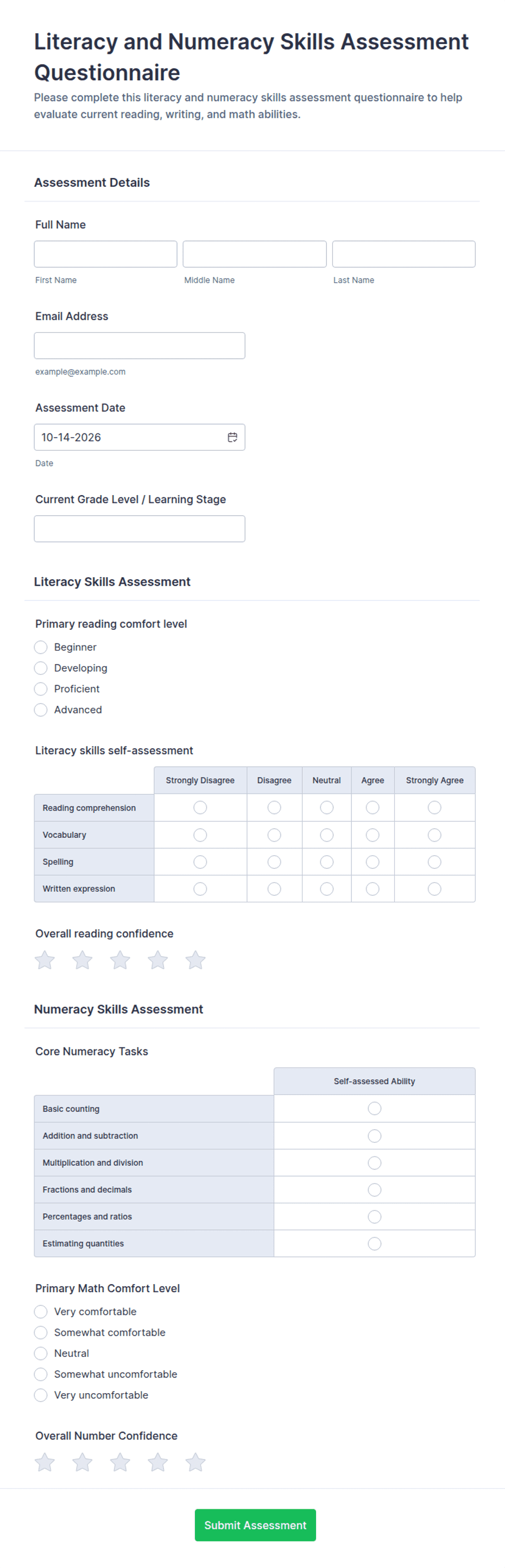 Literacy and Numeracy Skills Assessment Questionnaire Form Template ...