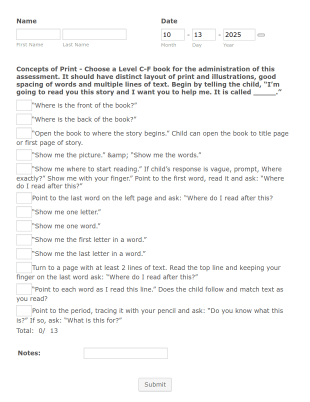 Literacy Assessment Form Template