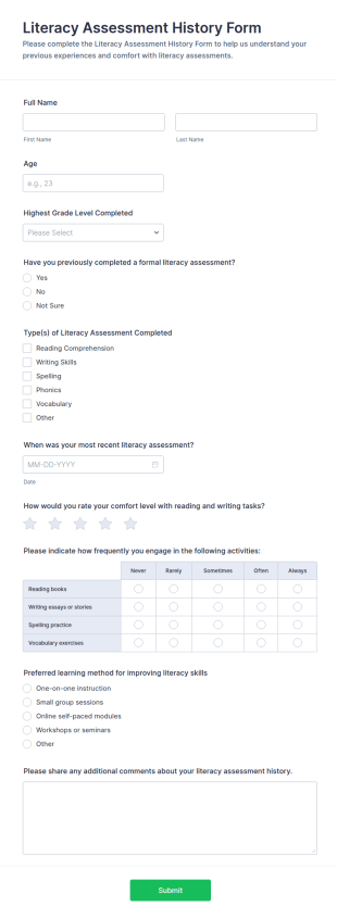 Literacy Assessment History Form Template
