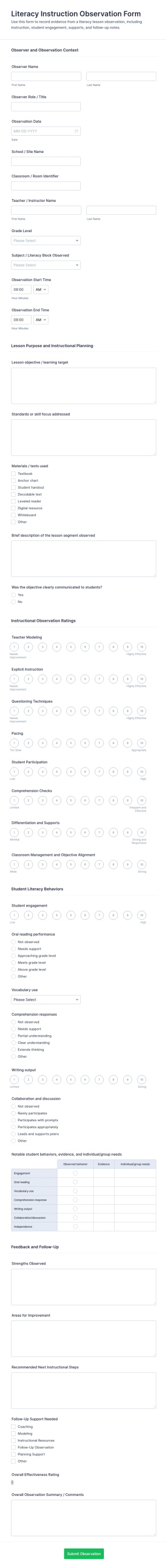 Literacy Instruction Observation Form Template