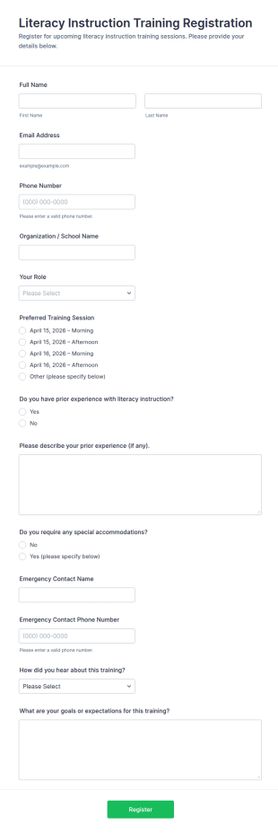 Literacy Instruction Training Registration Form Template