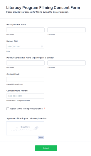 Literacy Program Filming Consent Form Template