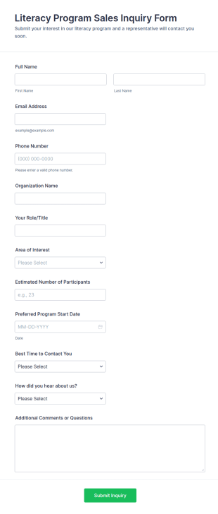 Literacy Program Sales Inquiry Form Template